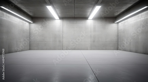 Abstract empty, modern concrete room with ceiling lights and shiny floor - industrial interior background template, 3D illustration, Generative AI 