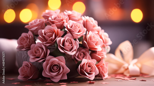 Bouquet of beautiful pink roses on table in room. Valentine s Day.