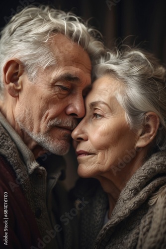 Close-up portrait of a beautiful loving happy elderly couple. A man and a woman with gray hair embrace. Valentine's Day, Seniors' Day, hug day concepts.