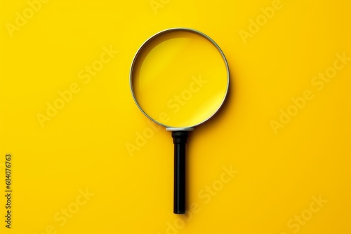 Magnifying glass with shadow on yellow background with copy space - minimal information search, find or exploration concept, Generative AI 