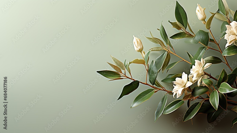 Fesh sprig of ruskus with green leaves on a green color background with copy space