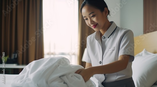 Female maid to make the bed in hotel room, cleaning rooms in a luxury hotel. Cleaning service photo