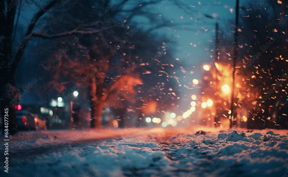 Snowfall in the city at night. Blurred background with bokeh lights.