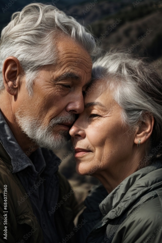 Close-up portrait of a beautiful happy elderly couple hugging and cuddling. Close-up portrait of a beautiful happy elderly couple hugging and cuddling.