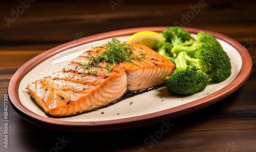 Grilled salmon with steamed broccoli and lemon on a plate.