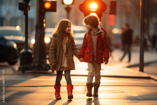 Fotografie, Obraz Two children couple crossing road on crosswalk at red traffic light in city cars on background