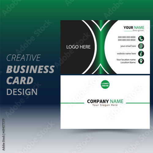Creative modern name card and business card, Green And Black gradient background, double sided business card template modern and clean style . flat living coral color.