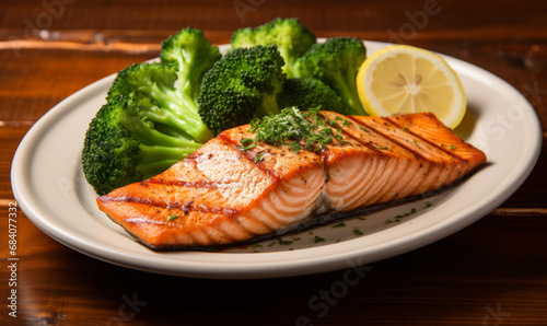 Fresh healthy grilled salmon with steamed broccoli and lemon on a plate.