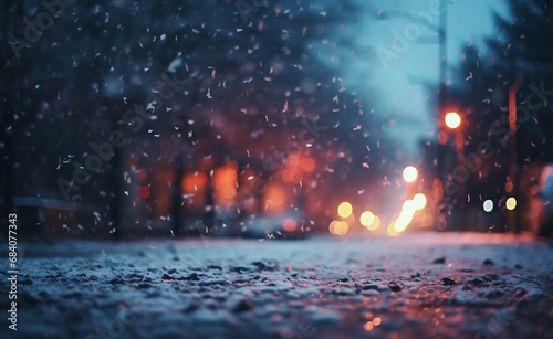 Snowfall in the city at night. Blurred background with bokeh lights.