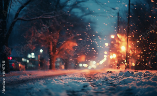 Snowfall in the city at night. Blurred background with bokeh lights.