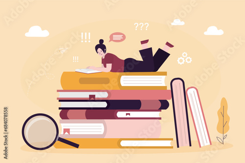 Reading girl lying on stack of books. Young woman read textbook, learning process, education. Smart student reading book. Knowledge and study,