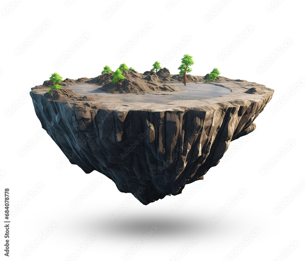 Fantasy floating island with rock surface isolated on white background ...
