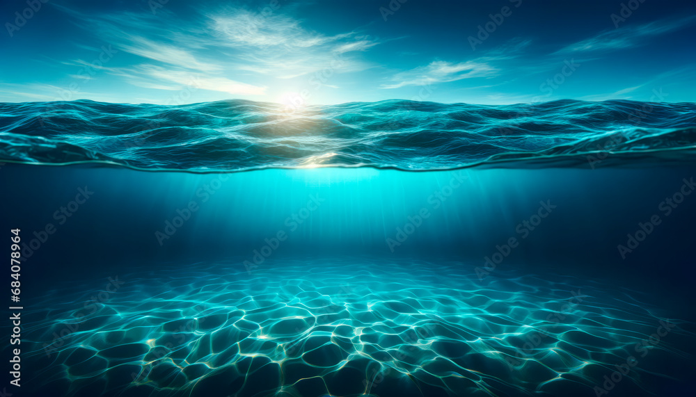 Obraz premium Underwater ocean view with sun glaring above the waves. Bright ocean background. Generative AI
