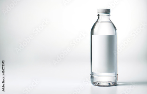 Clear water bottle with white label on a bright background. Hydration and health concept. Generative AI