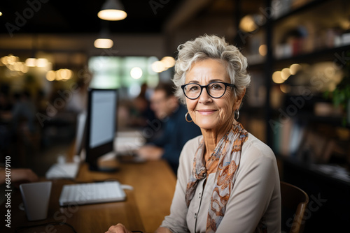 Middle aged senior mature woman using laptop working on computer in cafe. Concentrated old businesswoman distance applicant, aged seeker searching job online, blogger writer. Old people and technology © Valeriia