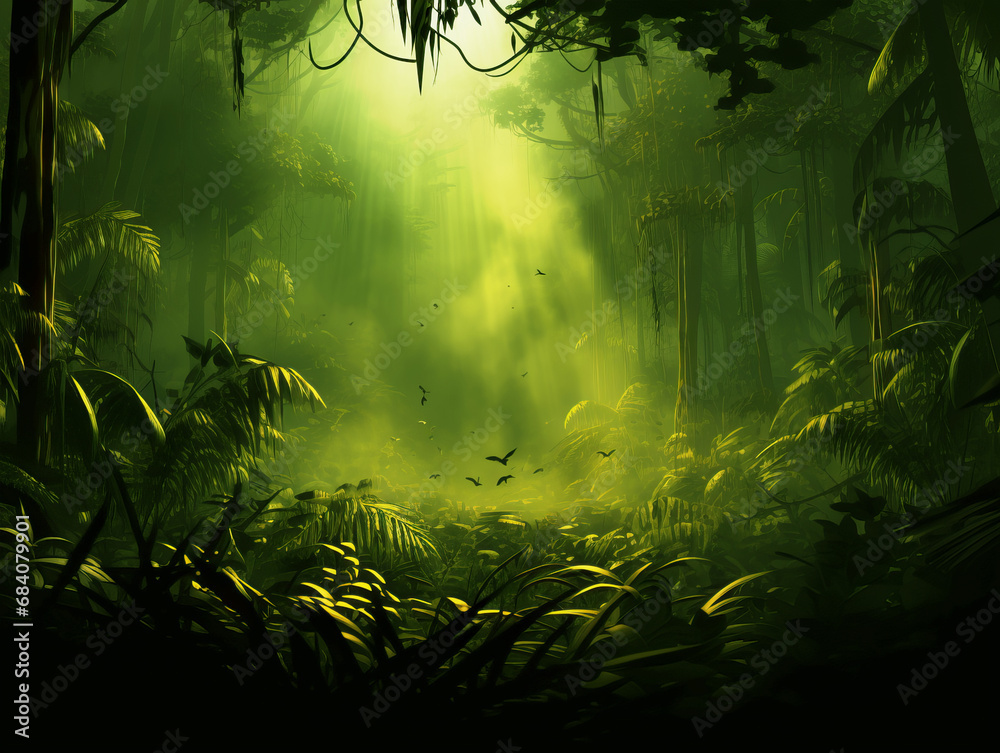 Ethereal green mist enshrouding a mystical jungle, hinting at secrets untold. Generative AI