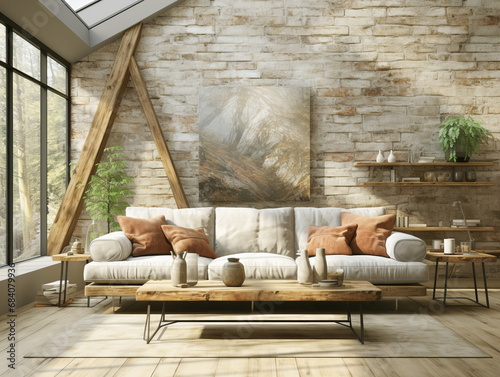 Rustic living room with a brick wall and warm sunlight, Generative AI