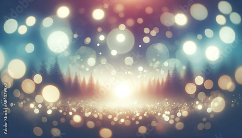 Soft golden bokeh over a snowy winter forest landscape. Enchanted evening concept. Generative AI