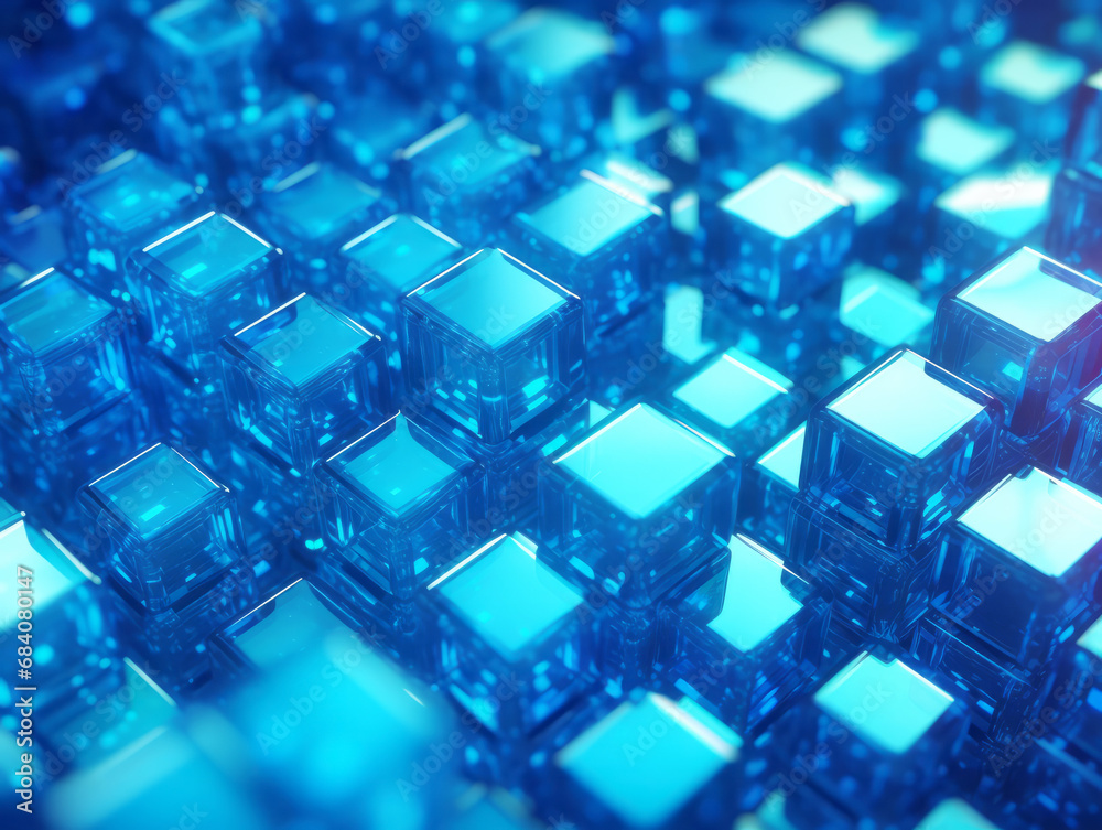 Array of blue glass cubes casting reflections on a sleek surface. Modern design concept. Generative AI Array of blue glass cubes casting reflections on a sleek surface. Modern design concept. Generative AI