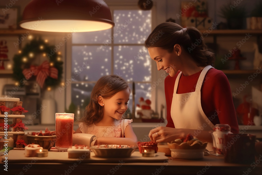 Holiday-themed kitchen with young mother and daughter baking together. Kitchen is decked out in Christmas decor, with a warm inviting atmosphere, they are smiling and enjoing the holiday spirit