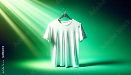 White t-shirt mockup on hanger illuminated by vibrant green light. Dynamic apparel presentation. Generative AI photo