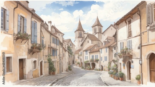 水彩画背景_世界旅行_フランス_中世の街並み_01 © Camellia Studio	