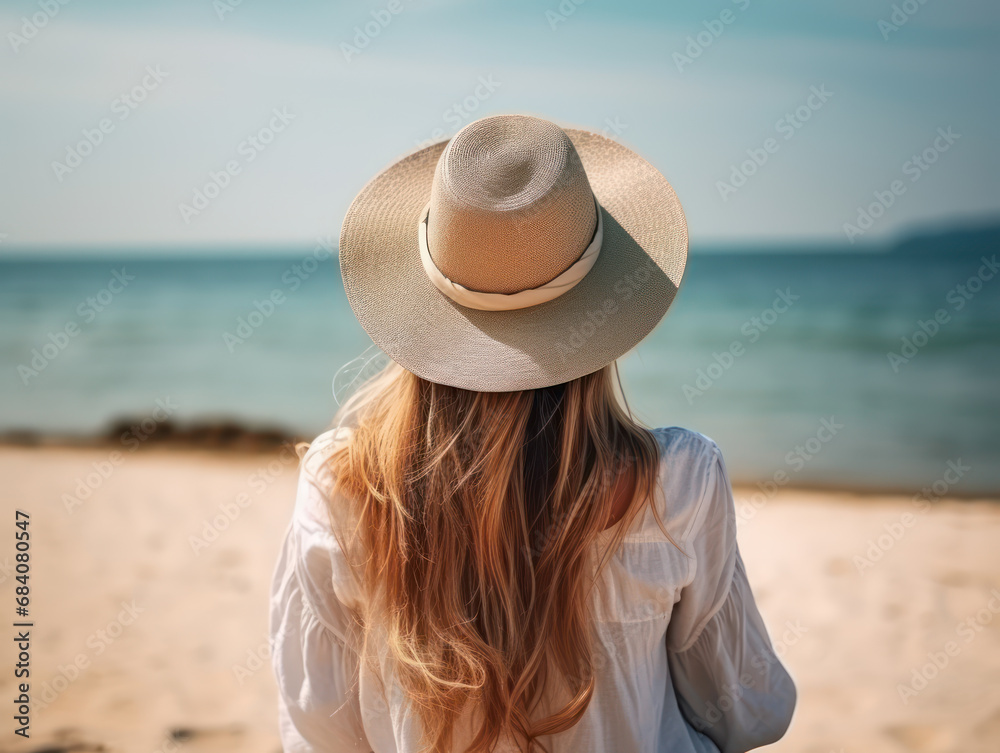Back view photo of a woman on holiday at the beach wearing a white shirt and beach hat