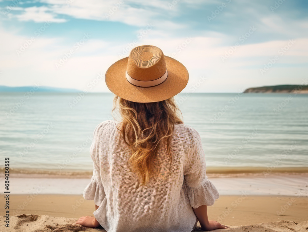 Back view photo of a woman sitting on the beach wearing a white shirt and beach hat