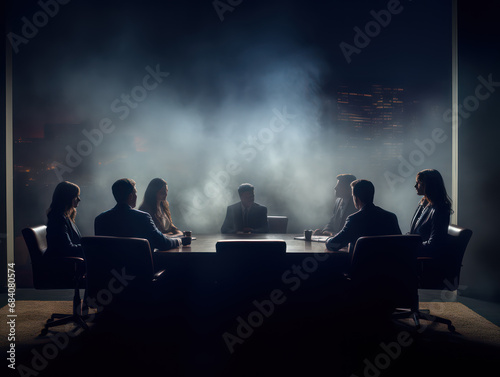 A photo shadow is seen meeting at a circular and mysterious table