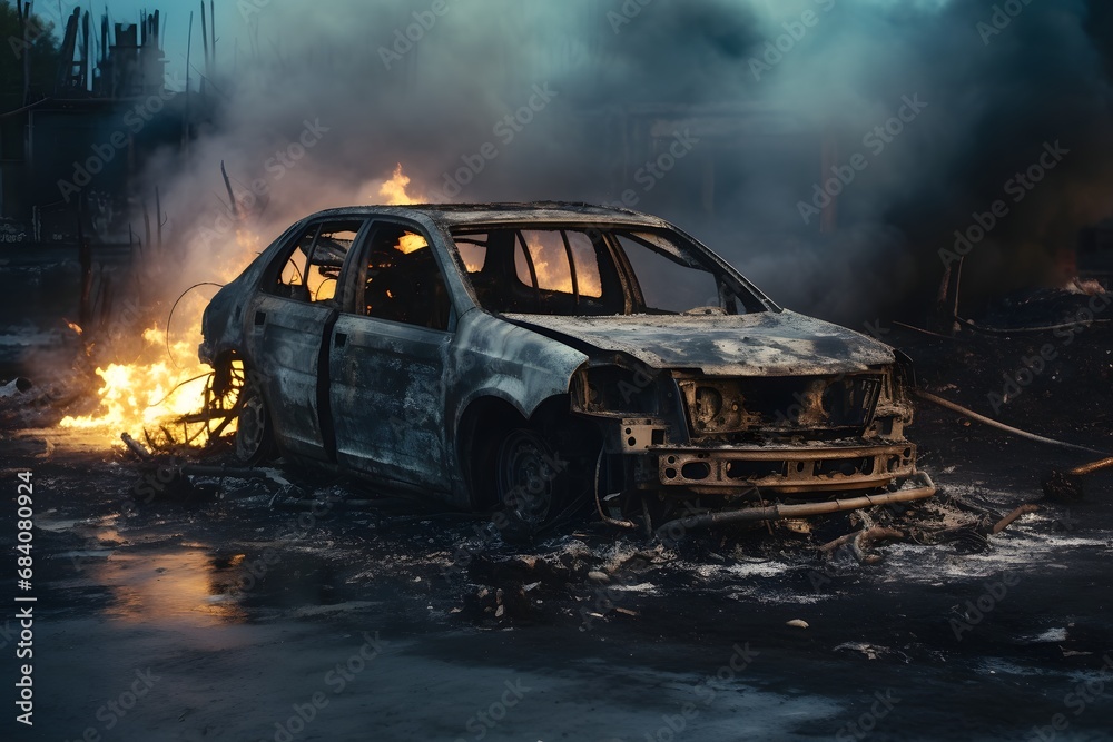 Abandoned and Charred Vehicle in a Desolate Parking Lot with a Fiery Blaze in the Distance Generative AI