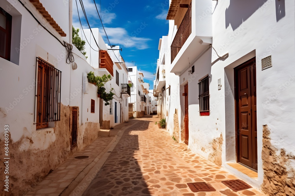 Charming Narrow Street with White Buildings and Rustic Brown Door in a European Town Generative AI