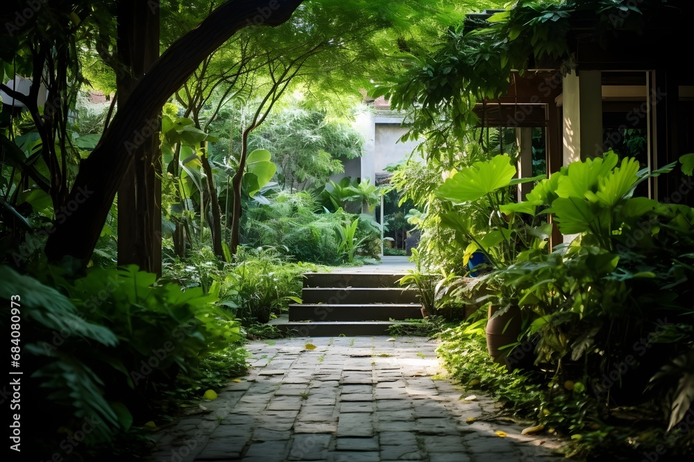 Serene Pathway Leading to a Beautiful House with Lush Garden and Blue Sky in the Background Generative AI Serene Pathway Leading to a Beautiful House with Lush Garden and Blue Sky in the Background Generative AI