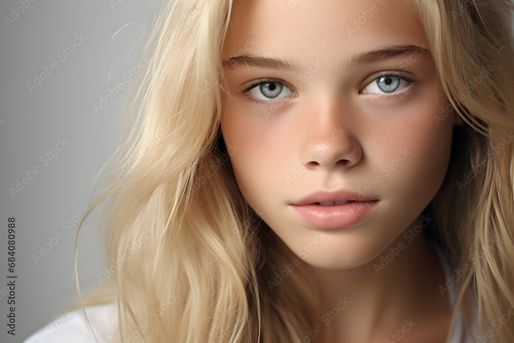 Pretty teenage girl with green eyes and blond long hair in front of gray background Pretty teenage girl with green eyes and blond long hair in front of gray background