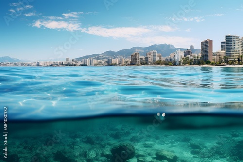Stunning Cityscape View from the Serene Waters of the Beach - Perfect for Travel and Tourism Promotions Generative AI © riya