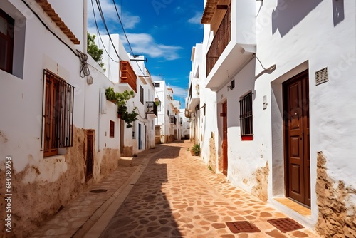 Charming Narrow Street with White Buildings and Rustic Brown Door in a European Town Generative AI © riya