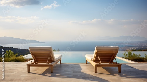 Relaxing in Style Lounge Chairs with a View of the Mountains and Pool on a Beautiful Patio Generative AI