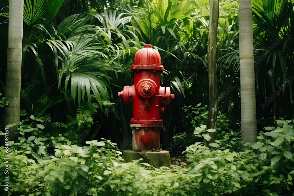 Vibrant Red Fire Hydrant Stands Out in Serene Green Landscape Generative AI