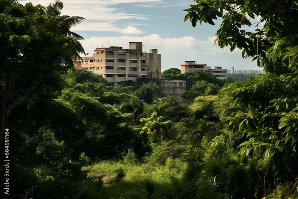 Scenic Drive through Lush Greenery with Building in the Background - Nature and Architecture Concept. Generative AI
