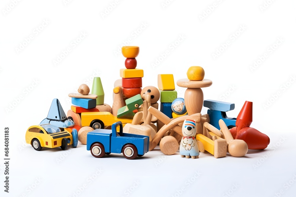 Obraz premium Collection of Colorful Wooden Toys on White Background for Playtime and Learning Activities Generative AI