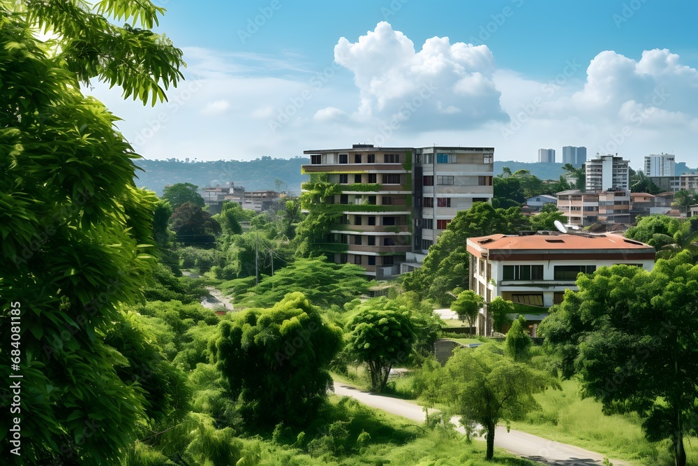 Scenic View of Lush Trees and Bushes in Front of a Bustling City with a Serene Road Generative AI Scenic View of Lush Trees and Bushes in Front of a Bustling City with a Serene Road Generative AI