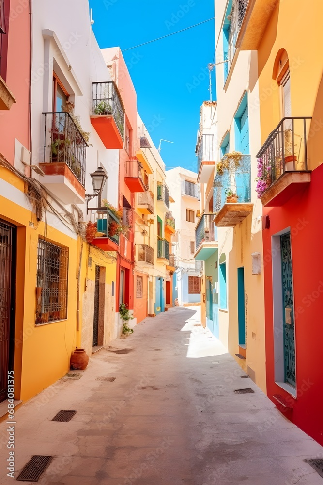 Vibrant and Charming Narrow Alleyway with Colorful Buildings and Balconies on Either Side, Arafly Cityscape Generative AI