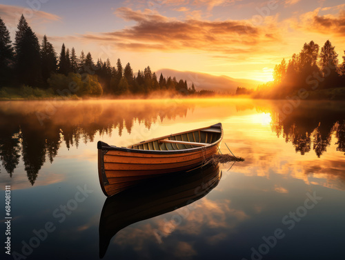 sunset photo on the edge of a lake with boat in the middle of the lake photo