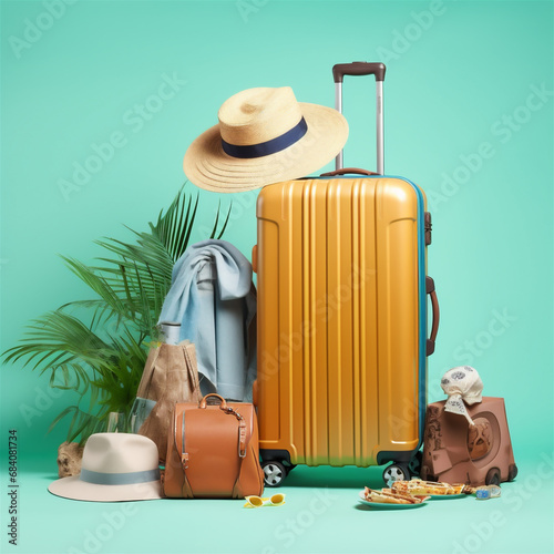 Collage of beach Accessories With Packed Suitcases