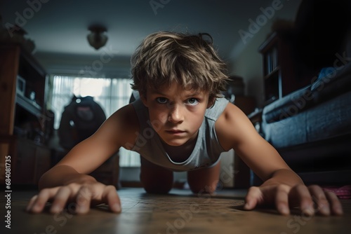 Determined young boy doing push ups on the floor in a dimly lit room with a serious expression on his face. Generative AI