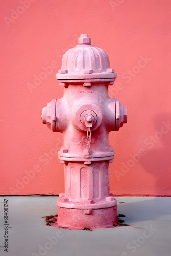 Vibrant Pink Fire Hydrant Standing Out Against Matching Wall on City Sidewalk Generative AI