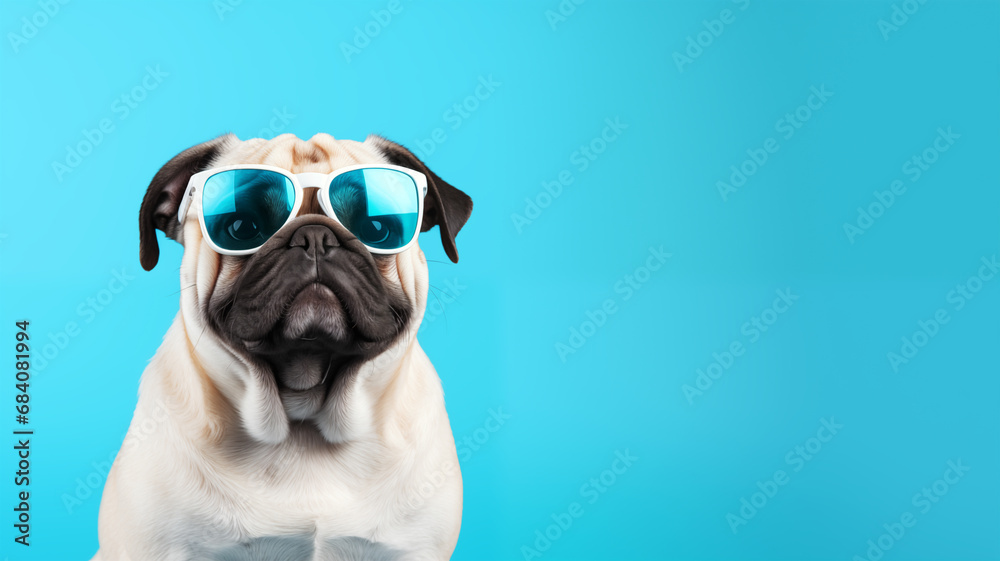 Funny pug dog wearing sunglasses on blue background, space for text or wording