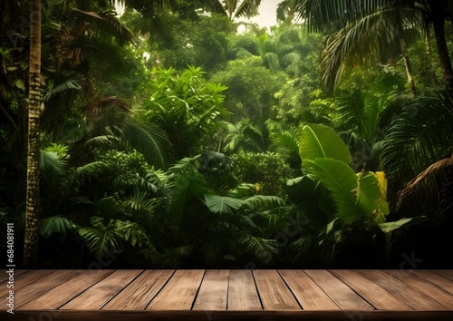 Rustic Wooden Table Set Against Lush Tropical Foliage in the Heart of the Jungle Generative AI