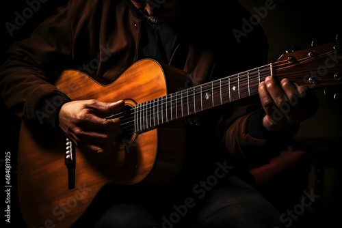 Musician strums his guitar in the shadows of the night, creating a soulful melody Generative AI
