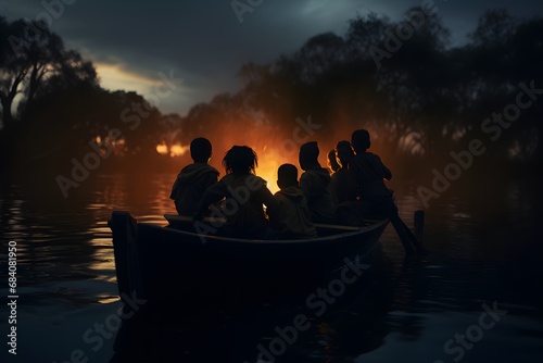 Group of Friends Enjoying a Serene Sunset Cruise on the Calm Waters Generative AI