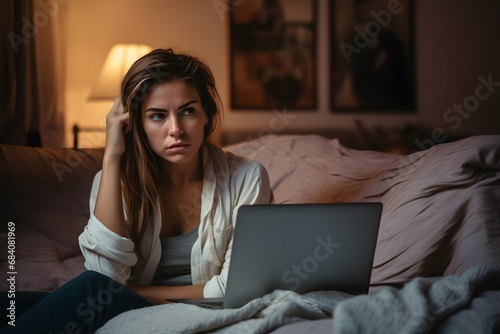Serene young woman working on her laptop while sitting comfortably on her bed in a cozy bedroom setting. Generative AI